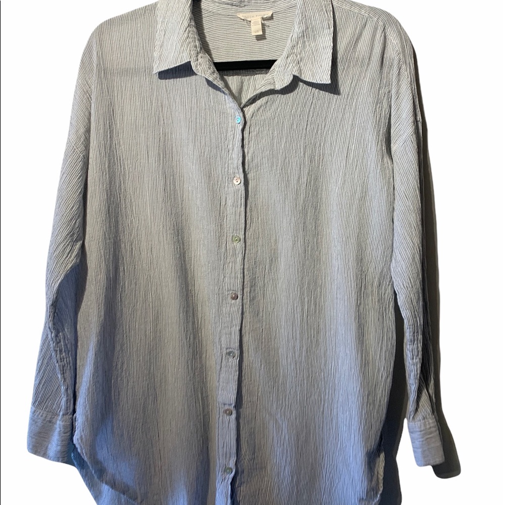 Eileen Fisher Striped Button-Up Crinkled Blouse - Picture 2 of 10